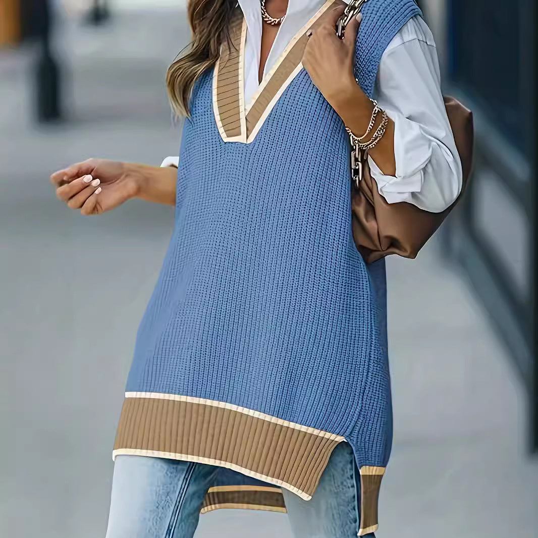 Color-block Casual V-neck Autumnwinter Vest Womens Sweater