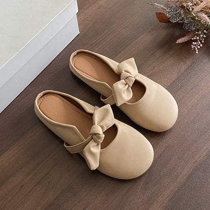 Women Gentle Girly Big Satin Bow Backless Mule Flats Matching Daily