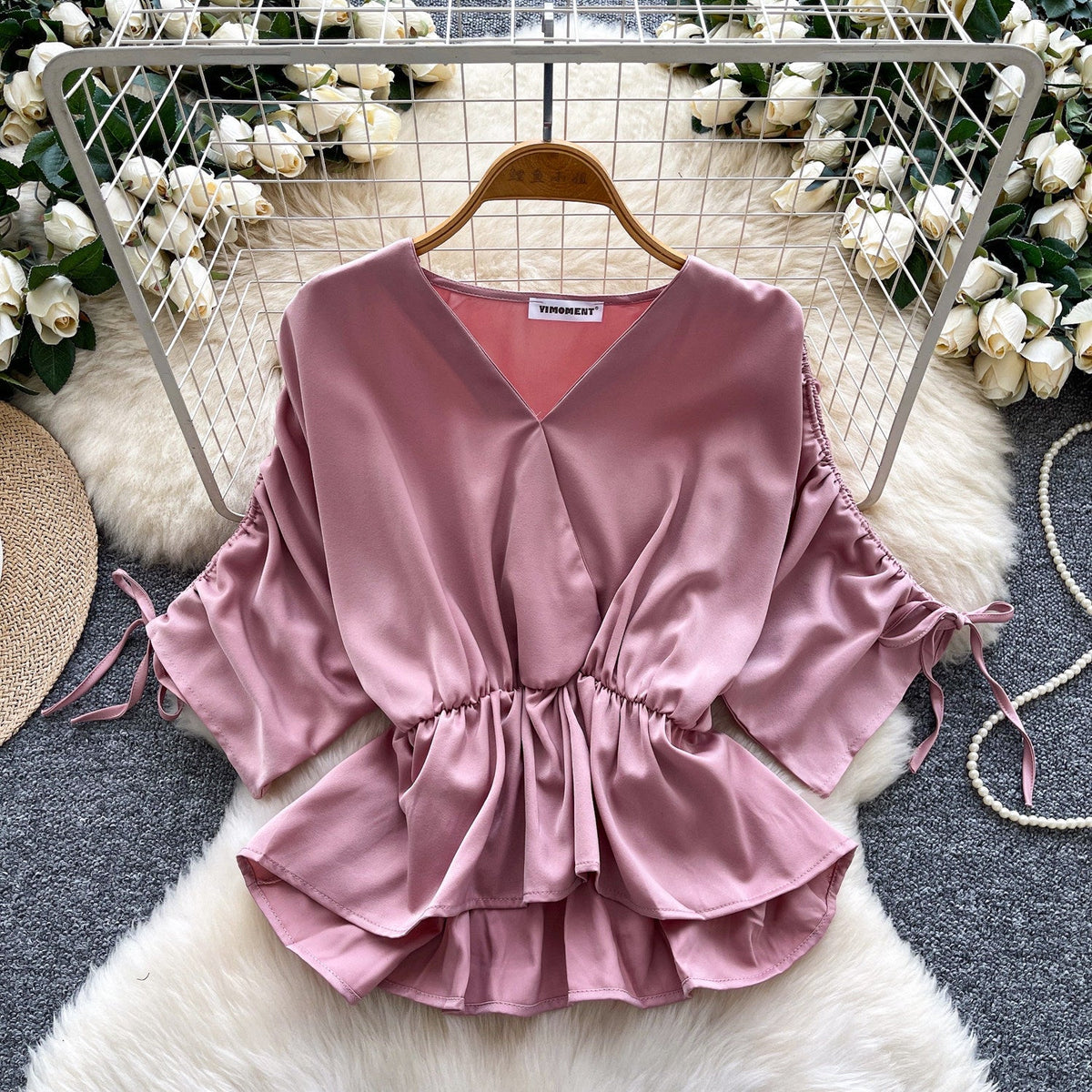 Women's Versatile Drawstring Short-sleeve Waist-cinching Satin Blouse