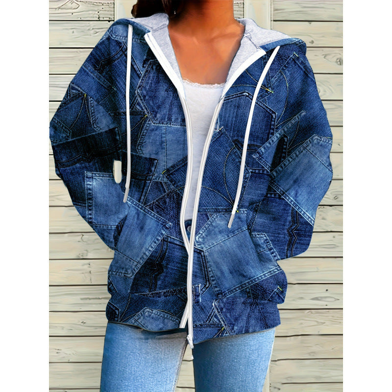 Long Sleeved Zipper Women's Hooded Sweatshirt American Santa Claus Jacket Personalized Denim Print Spring & Fall New Top