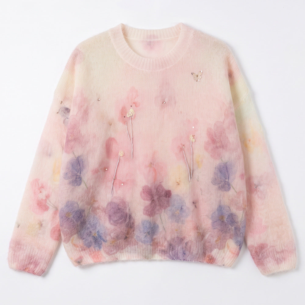 Rhinestone Embellished Floral Mohair-Blend Pullover Sweater