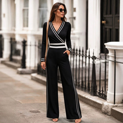 Womens High-waisted Twill Color-block Side-panel Jumpsuit