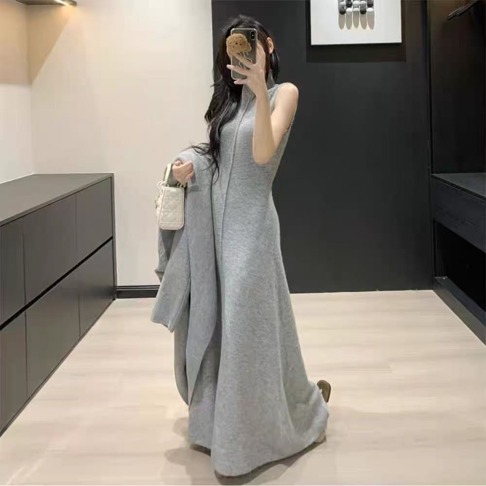 Laid-back Long Knit Cardigan And Sweater Set