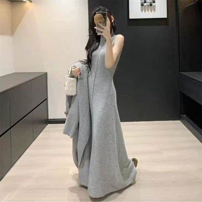 Laid-back Long Knit Cardigan And Sweater Set