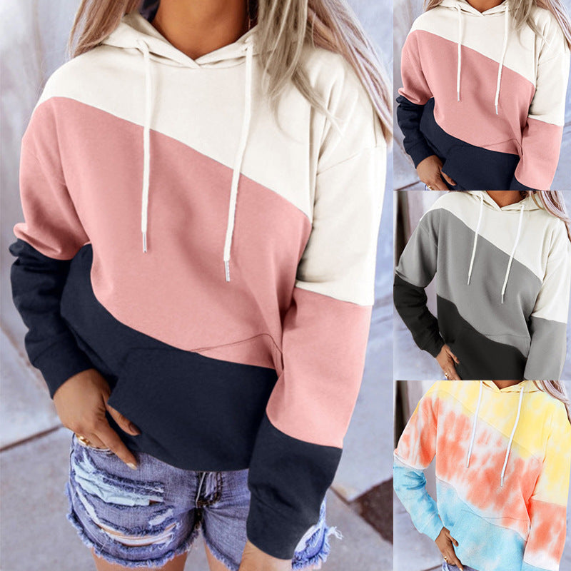 Women Long Sleeve Stitching Hooded Printed Sweatshirt
