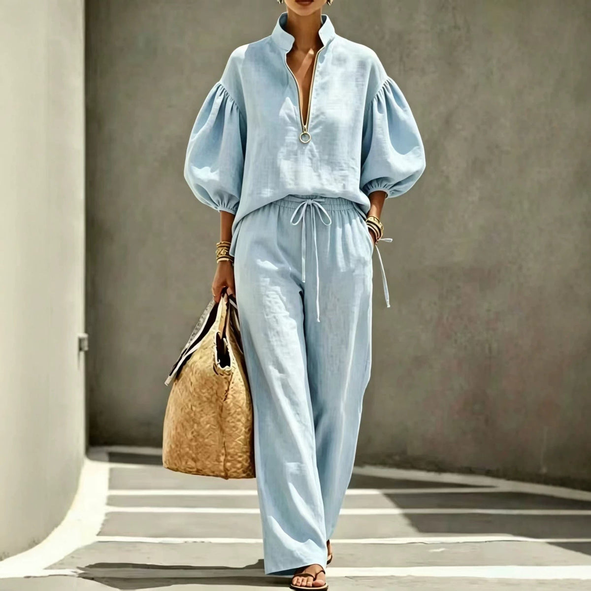 Loose-fitting Solid-color Womens Set With A Half-zip And Puff Sleeves