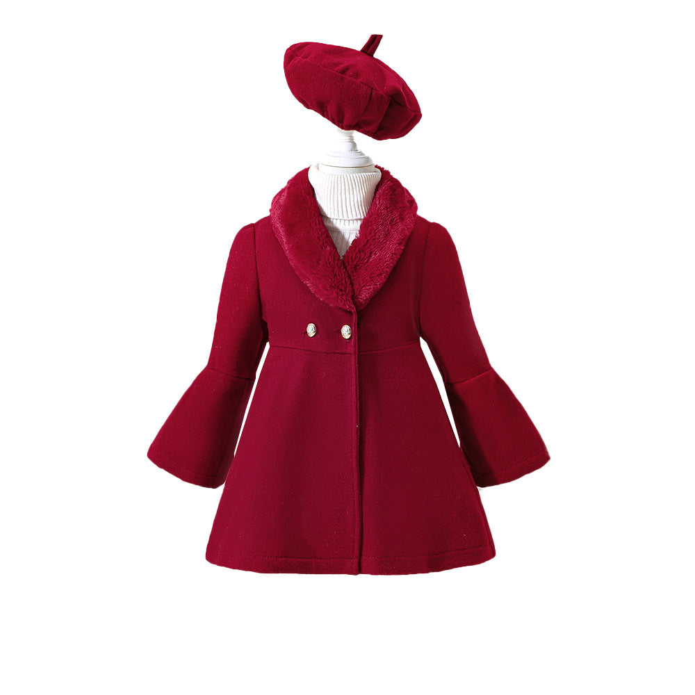 Children's Clothing Young And Little Girls Winter Solid Color Stitching Fur Collar Woolen Coat Outerwear