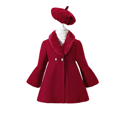 Children's Clothing Young And Little Girls Winter Solid Color Stitching Fur Collar Woolen Coat Outerwear