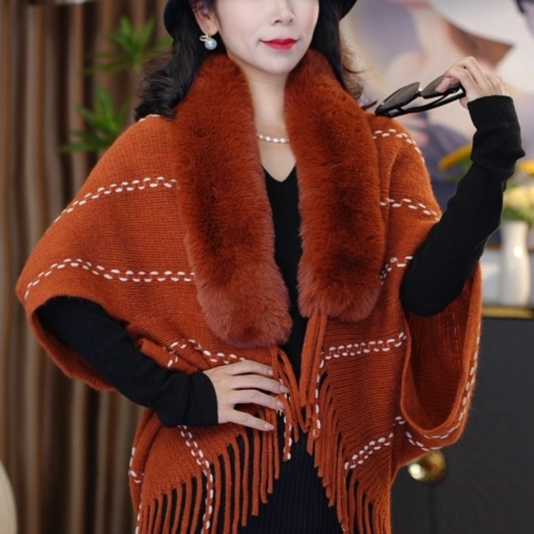 New Knitted Shawl With A Fur Collar And Tassels