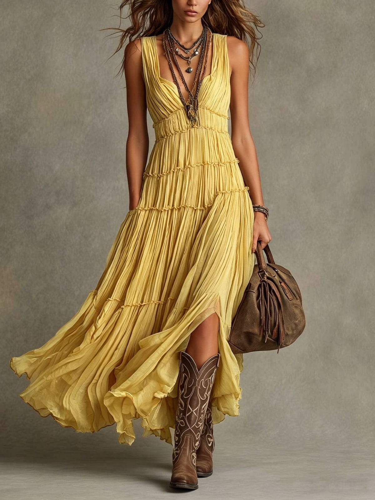 Womens Round-neck Sleeveless Loose-fitting Pleated Dress