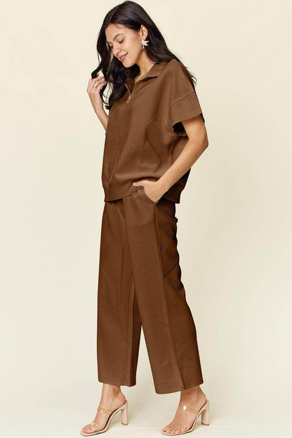 Double Take Full Size Texture Half Zip Short Sleeve Top Set