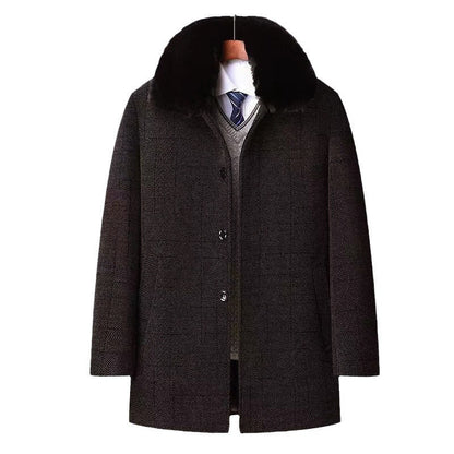 Autumn And Winter New Men's Trench Coat Chenille Fleece-lined Middle-aged And Elderly Men's Fur Collar Woolen Coat