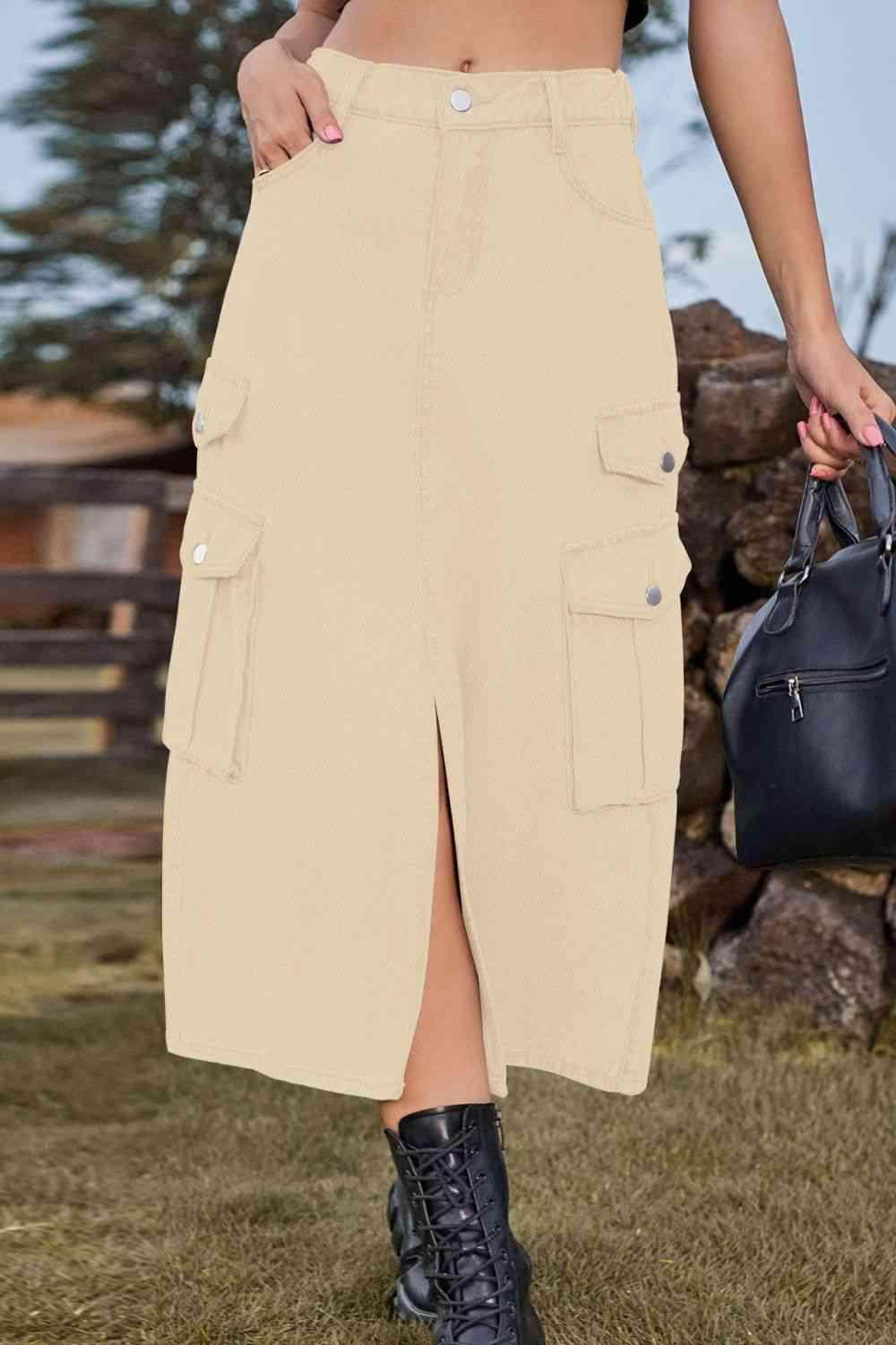 Slit Front Midi Denim Skirt with Pockets for Women