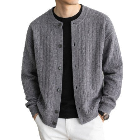 Men's Round-Neck Cable-Knit Cardigan Solid-Color Single-Breasted Sweater Coat