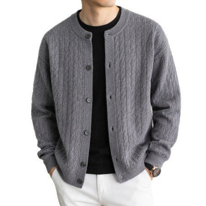 Men's Round-Neck Cable-Knit Cardigan Solid-Color Single-Breasted Sweater Coat
