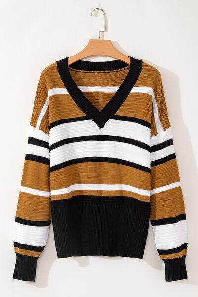 Contrast Stripes V Neck Long Sleeve Sweater for Women