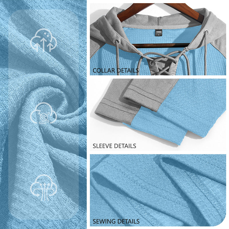 Cross-border TK Men's Waffle Pattern Color-blocked Hoodie, European And American Style, With Drawstring, Plus-size Long-sleeve Top, Casual Pullover Sweatshirt