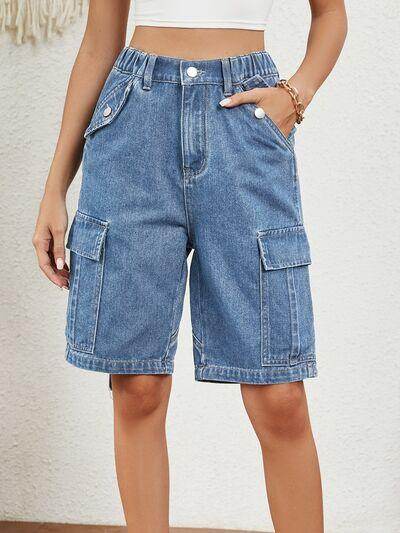 Buttoned Elastic Waist Denim Shorts with Pockets for Women