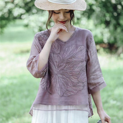Machine Embroidery Cotton And Linen Shirt For Women