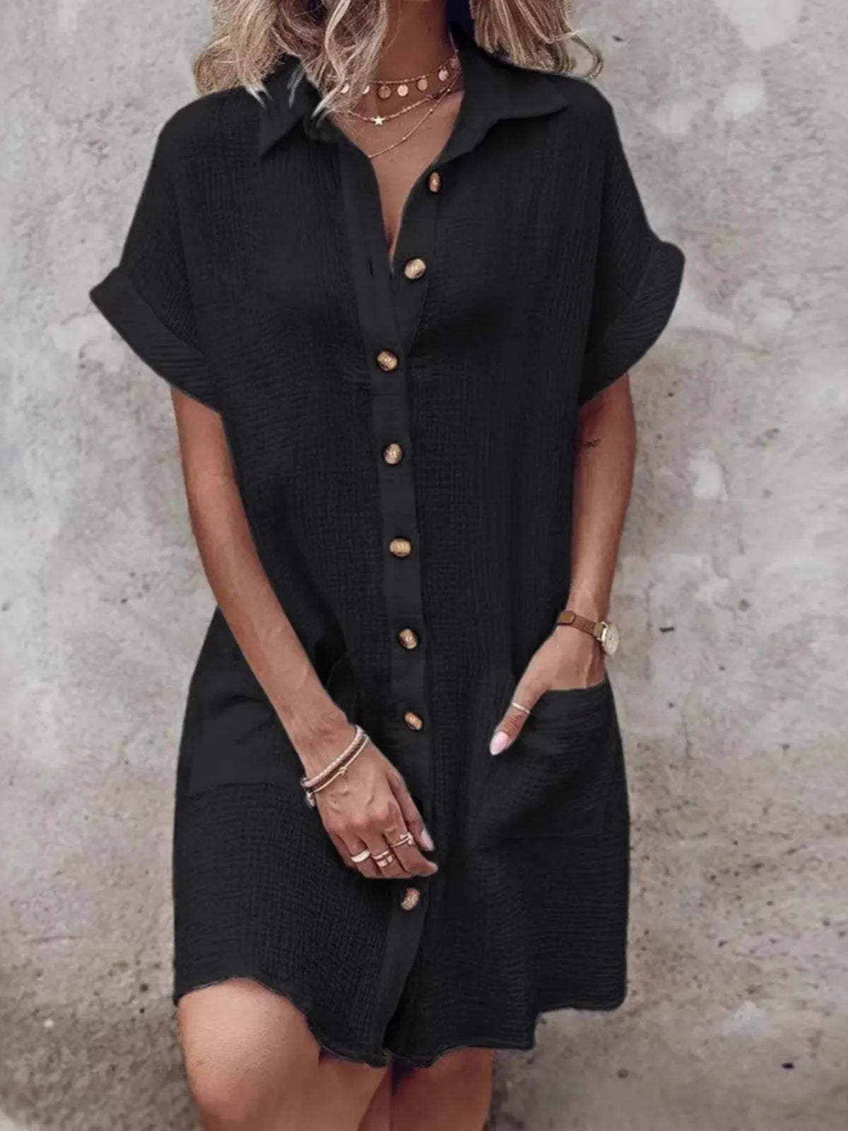 Textured Button-Front Shirt Dress