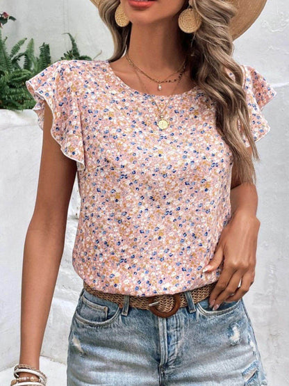 Ditsy Floral Round Neck Cap Sleeve Top for Women