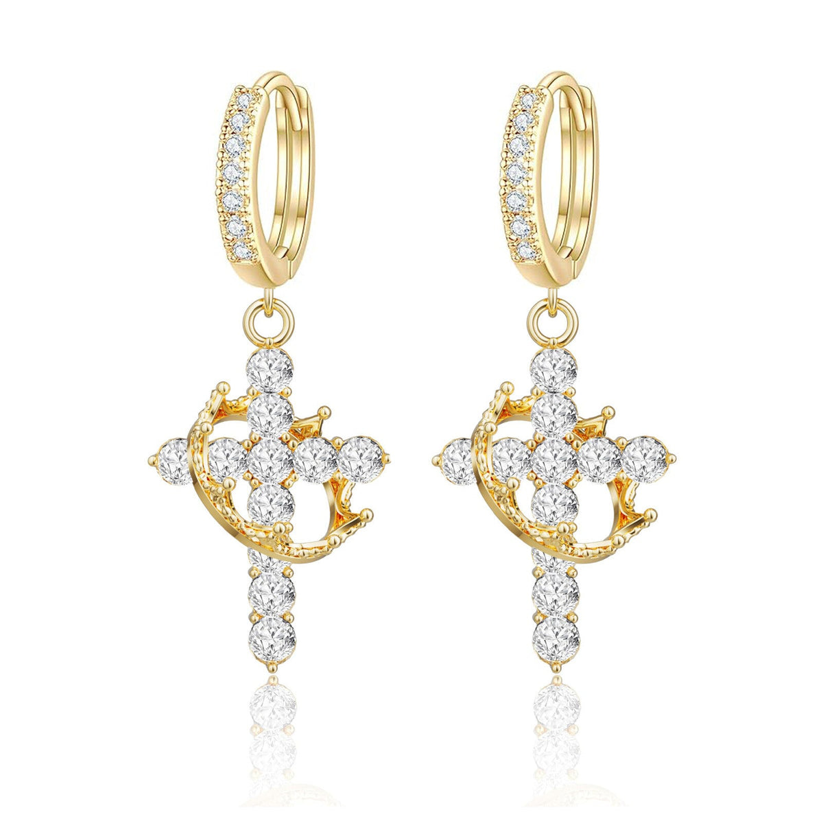 Rotating Crown Cross Earrings Set with Zircon