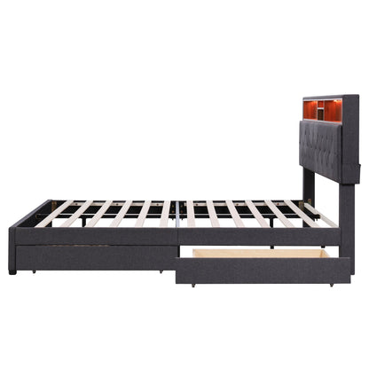 Queen Size Upholstered Platform Bed with Storage Headboard, LED, USB Charging and 2 Drawers Dark Gray