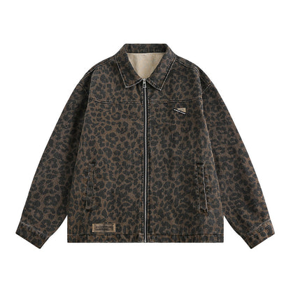 Leopard Print Denim Jacket   Style Men's Punk Spring and Autumn Loose Casual Washed Open Front Zipper Collar Outerwear