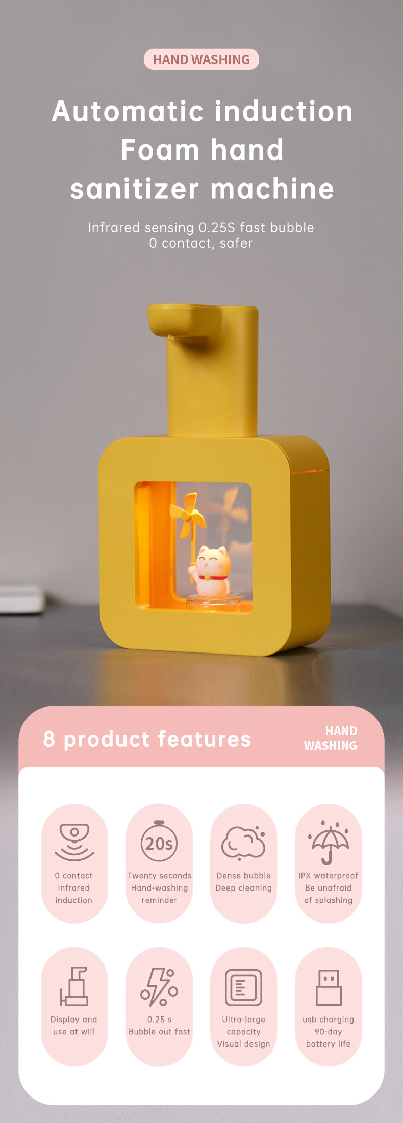 Cute Cat Rechargeable Touchless Automatic Soap Dispenser 400ml Kids foam Soap Dispenser with Night Light