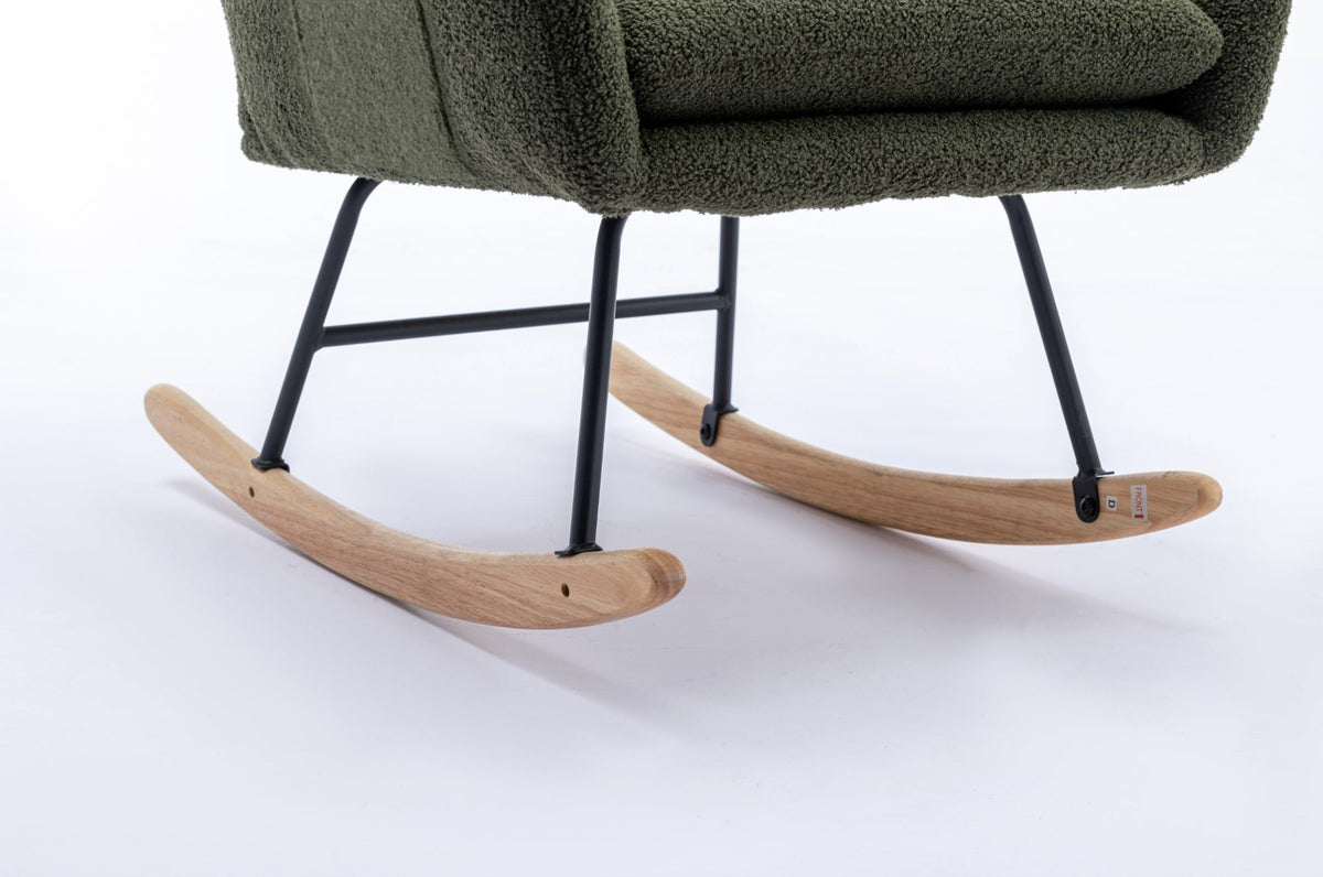 35.5-inch soft Teddy fabric rocking chair with pockets, comfortable wing straps, secure solid wood base (dark green)