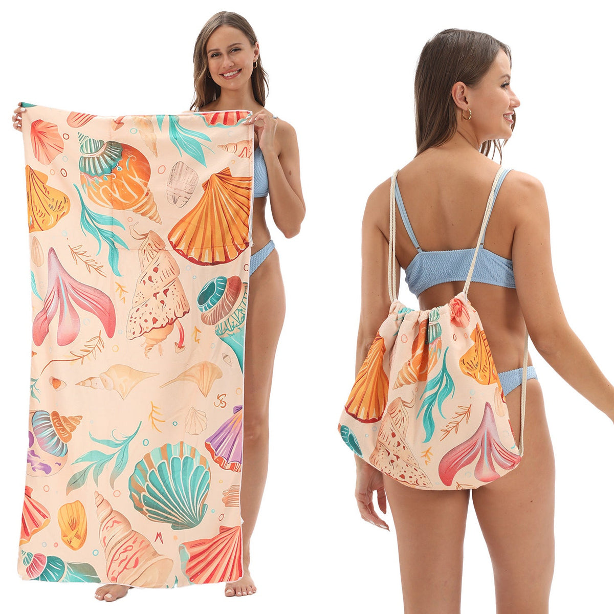 Two-in-One Foldable Beach Towel Printed Bath Towel All-In-One Beach Towel with Storage Bag