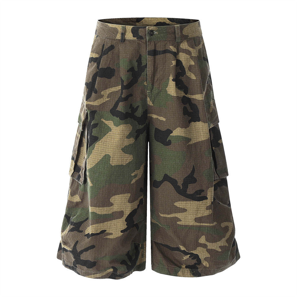 Loose Wide-Leg Camouflage Three-Quarter Pants Men's Summer Work Shorts Pleated Design with Large Pockets