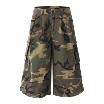 Loose Wide-Leg Camouflage Three-Quarter Pants Men's Summer Work Shorts Pleated Design with Large Pockets