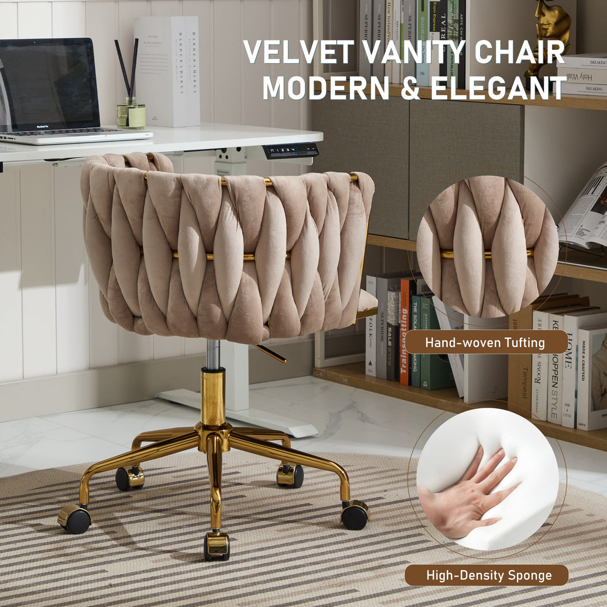 Velvet Vanity Chair with Wheels, Accent Chair Makeup Vanity Chair with Hand Woven Backrest (GRAY)