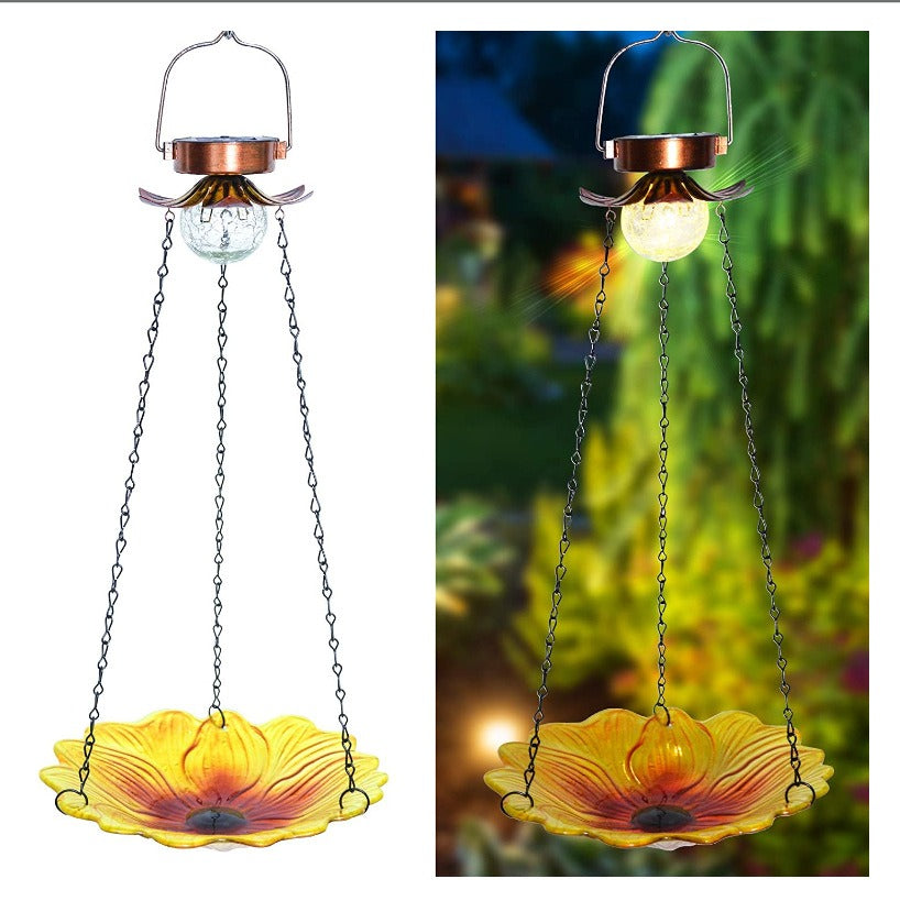 Solar Hanging Bird Bath for Outdoors 24 inch Glass Bird Feeder Sunflower Tray Crackle Ball Light Waterproof Yard Garden Decorati