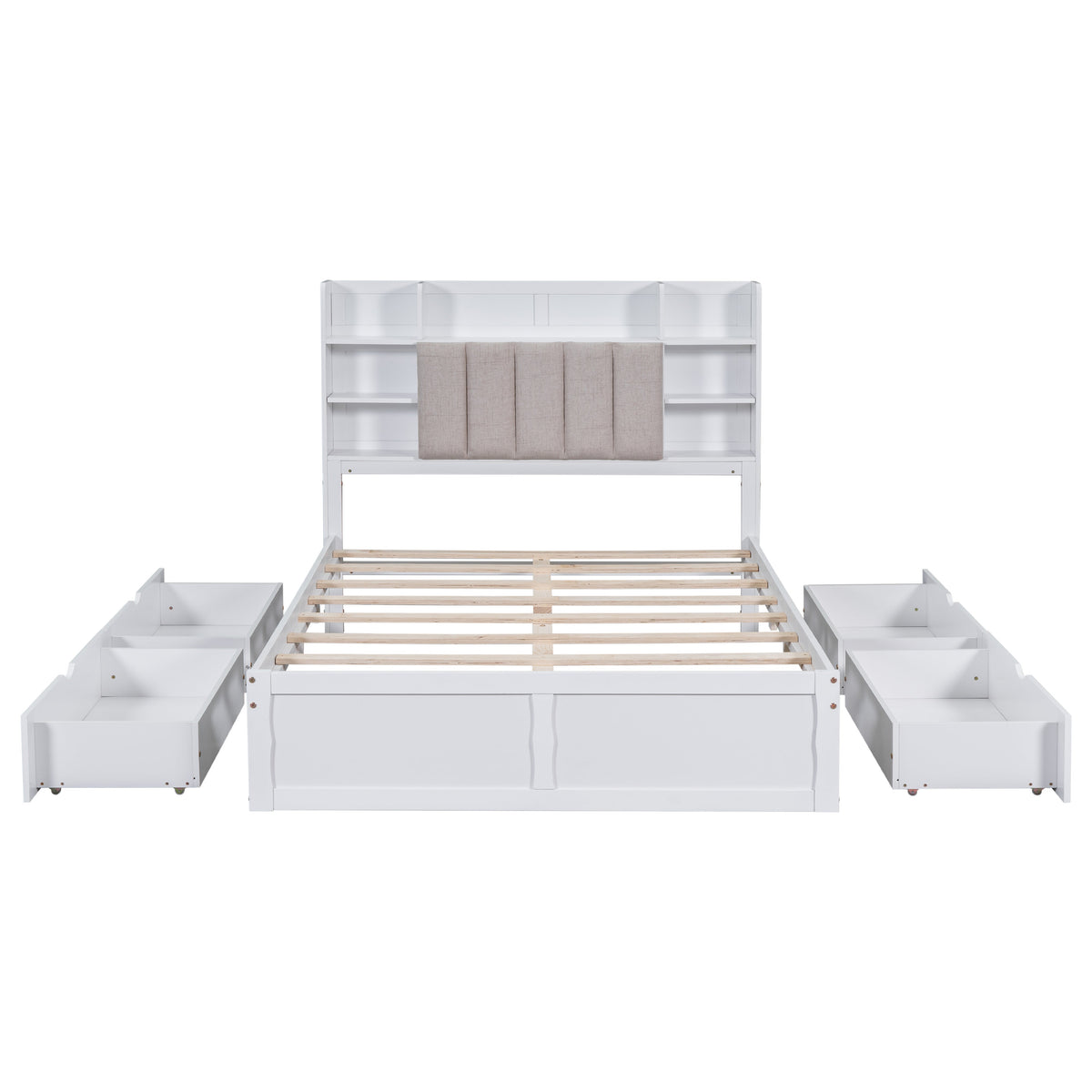 Multi-functional Full Size Bed Frame with 4 Under-bed Portable Storage Drawers and Multi-tier Bedside Storage Shelves White