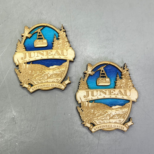 (2 PACK) Mendenhall Glacier Laser Cut Wood Magnet Souvenir JUNEAU, AK Made USA