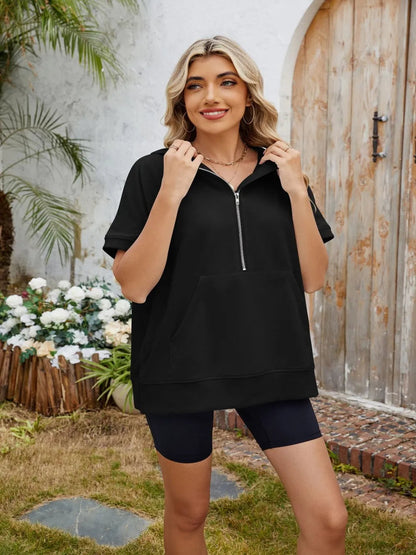 Half Zip Short Sleeve Hooded Top