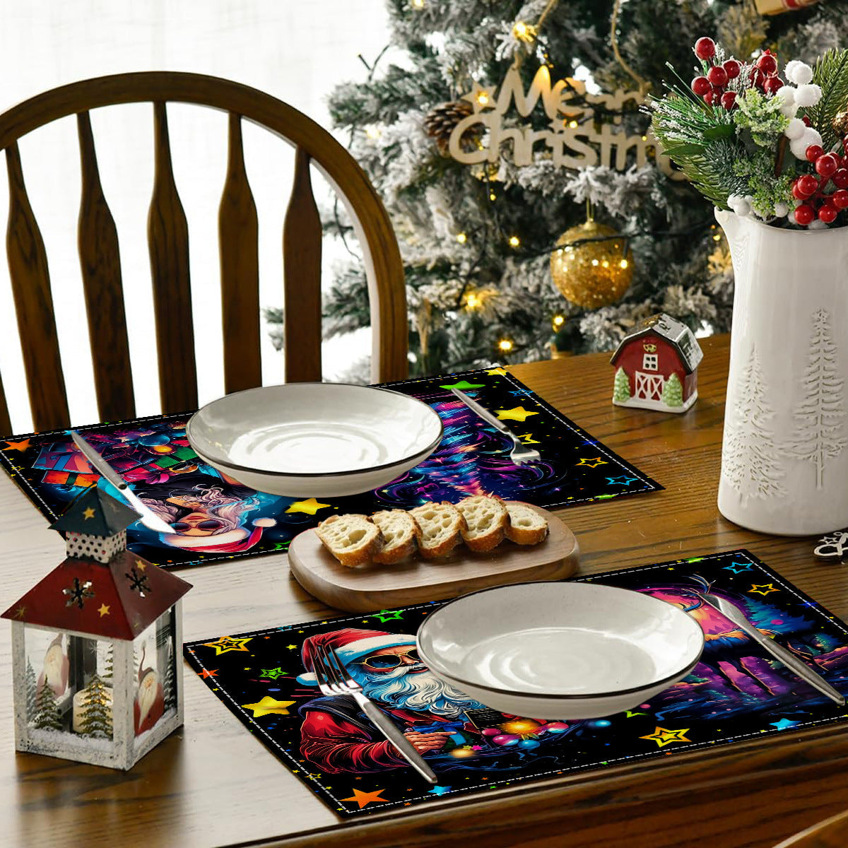 Christmas table mat with white linen starry sky and Santa Claus print