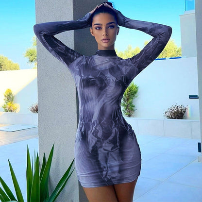 High Neck Long Sleeve Printed Dress