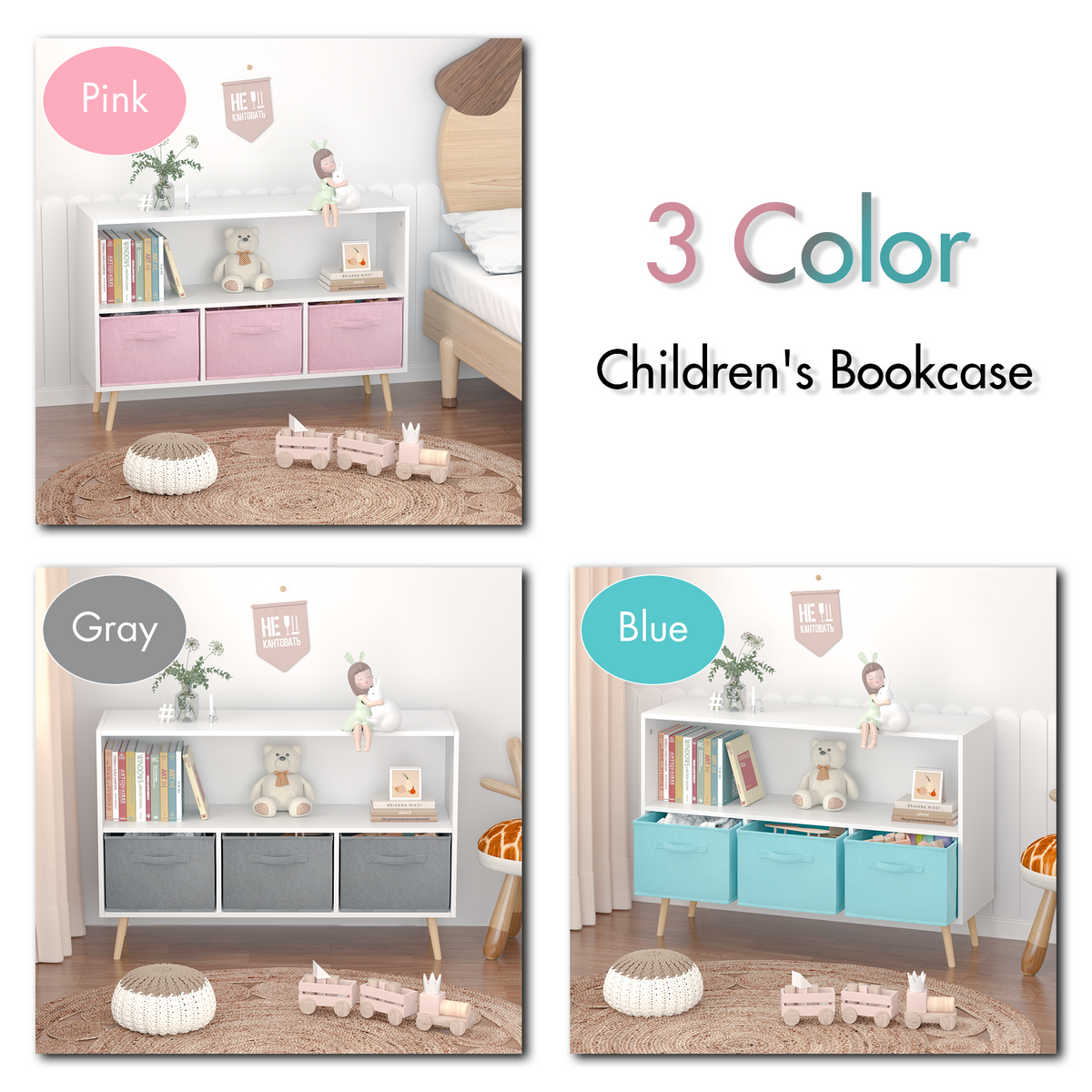 Kids bookcase with Collapsible Fabric Drawers Children's Book Display Toy Storage Cabinet Organizer White/Blue
