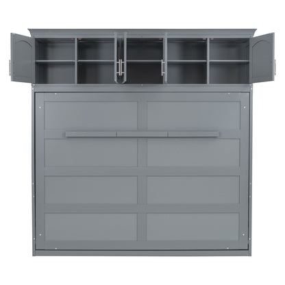 Full Size Murphy Bed Wall Bed with Top Cabinets,Gray