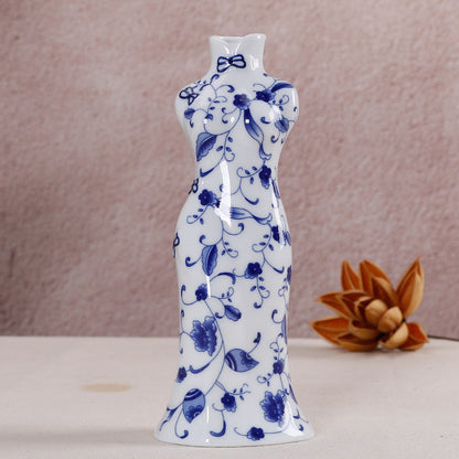 Ceramic ornaments blue and white porcelain mini vases cheongsam flower arrangements living room home decorations