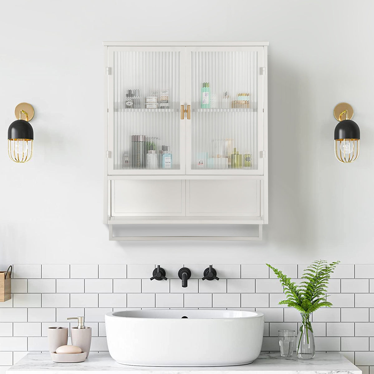 23.62"Glass Doors Modern Two-door Wall Cabinet with Featuring Two-tier Enclosed Storage an Open Shelf and Towel Rack