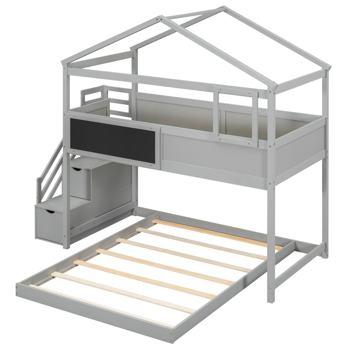 Twin over Full House Bunk Bed with Storage Staircase and Blackboard Gray