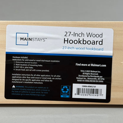 MAINSTAYS (2 PACK) Wall Mounted Hook Rack 5 Pegs 27" Unfinished Wood Finish
