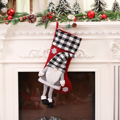 Christmas Day Decoration Red Black White Grid Faceless Forester Christmas Socks Dwarf Hanging Doll Candy Gift Bag