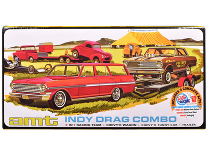 Skill 2 Model Kit Indy Drag Combo Chevrolet II Wagon and Funny Car with Trailer 3 in 1 Set 1/25 Scale Model by AMT