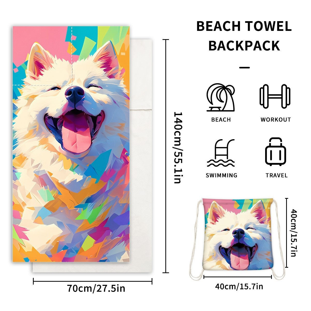 Two-in-One Foldable Beach Towel Printed Bath Towel All-In-One Beach Towel with Storage Bag