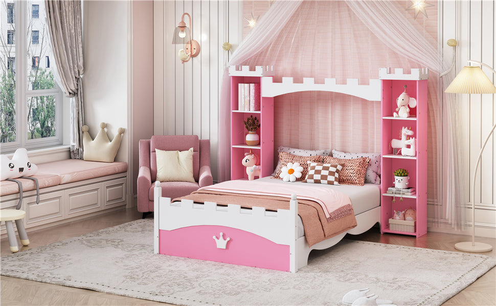 Castle-Shaped Wooden Bed with Storage Shelf, Dreamy Twin Size Platform Bed for Kids Bedroom, Pink+ White